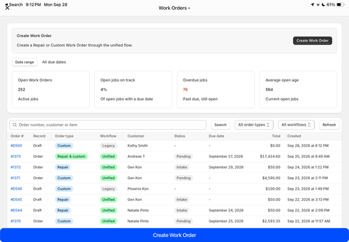 Work Orders dashboard on a tablet showing a summary and list of work orders with columns for order number, record type, order type, workflow, customer, status, due date, total, and created date. Summary boxes report 252 open work orders, 4% open jobs on track, 76 overdue jobs, and average open age of 56 days. Buttons for Create Work Order, date range selection, search, order types filter, workflow filter, and refresh are visible.