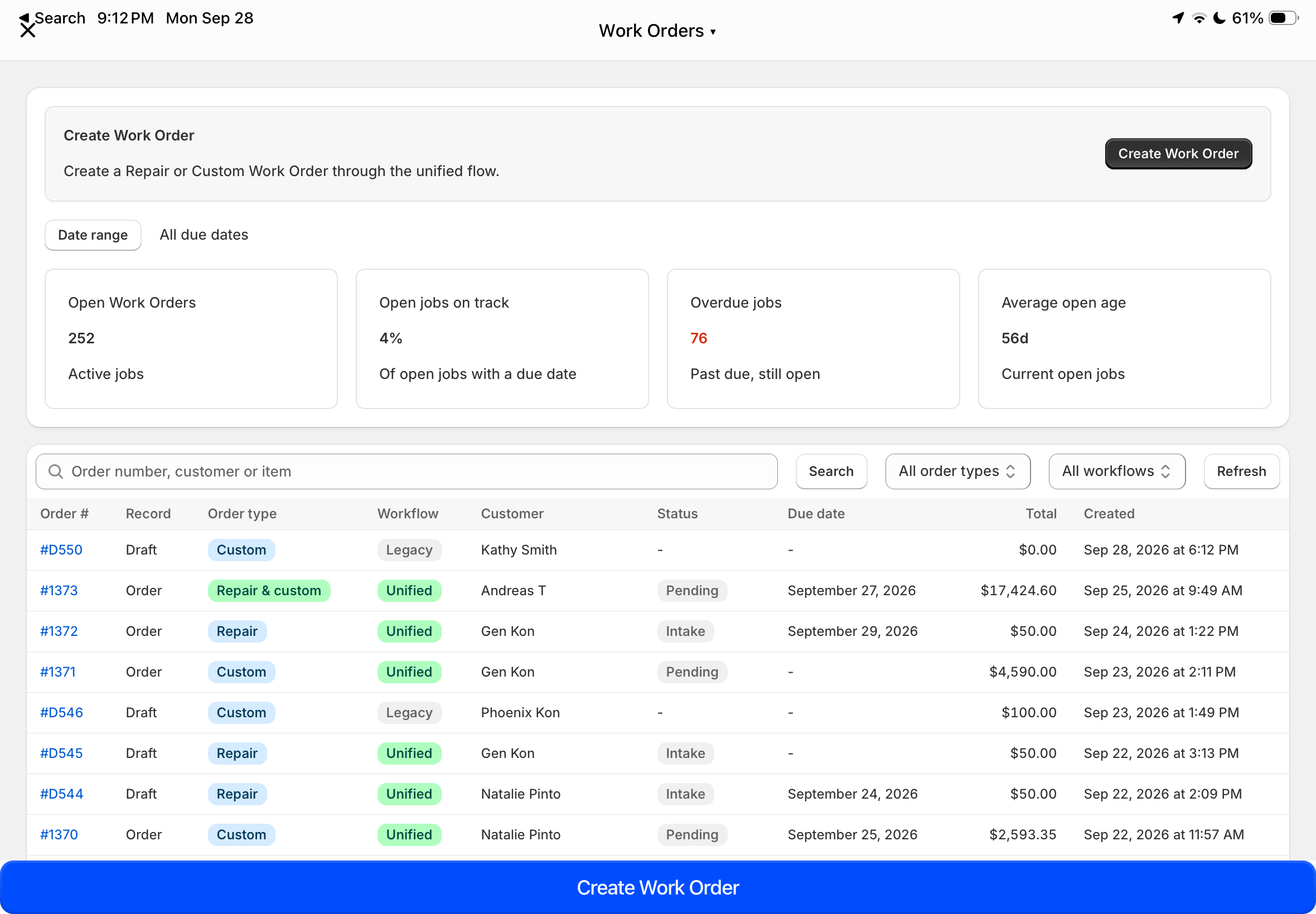 Work Orders dashboard on a tablet showing a summary and list of work orders with columns for order number, record type, order type, workflow, customer, status, due date, total, and created date. Summary boxes report 252 open work orders, 4% open jobs on track, 76 overdue jobs, and average open age of 56 days. Buttons for Create Work Order, date range selection, search, order types filter, workflow filter, and refresh are visible.