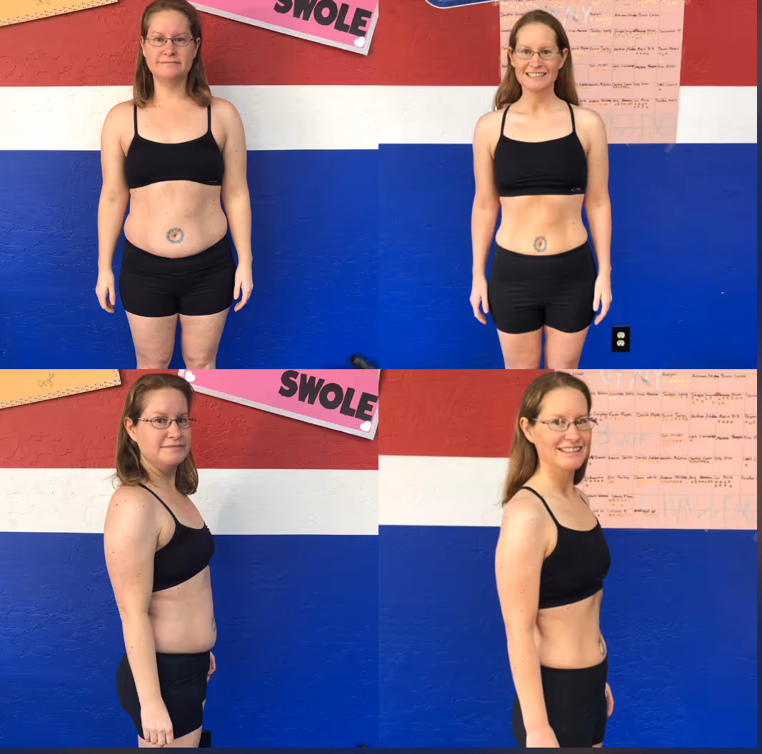 Before and after transformation photos of a woman in black sportswear standing against a red, white, and blue wall, showing slimmer waist and toned abdomen in the after images.