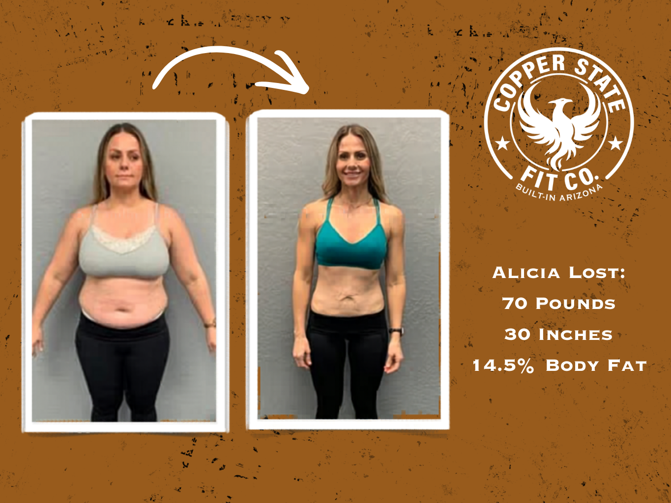 Alicia before and after losing 70 lbs at North Gilbert Fit Body Boot Camp Arizona