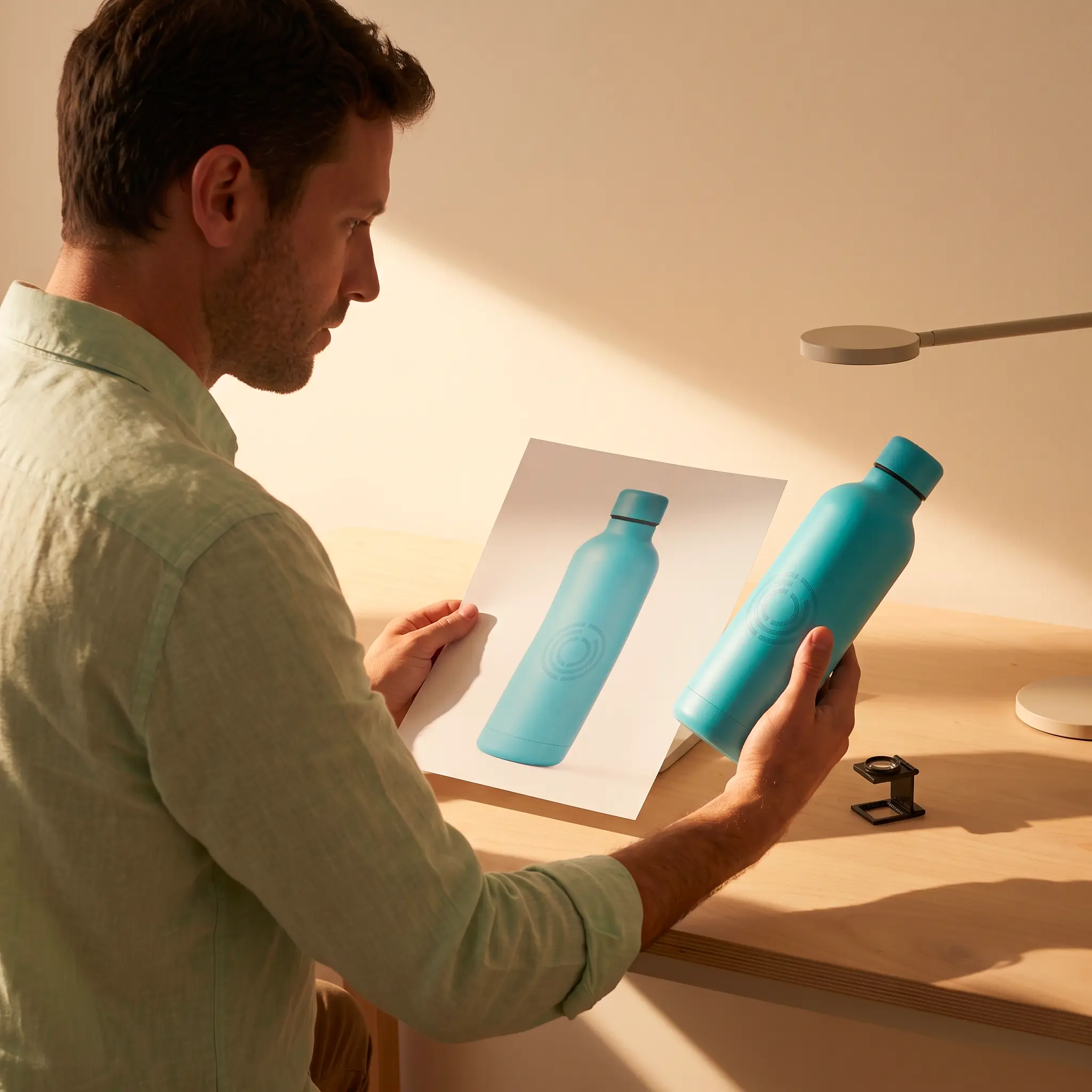 Homme comparant un bon à tirer imprimé avec la gourde turquoise personnalisée réelle, validation du visuel avant production — LOGOBJET