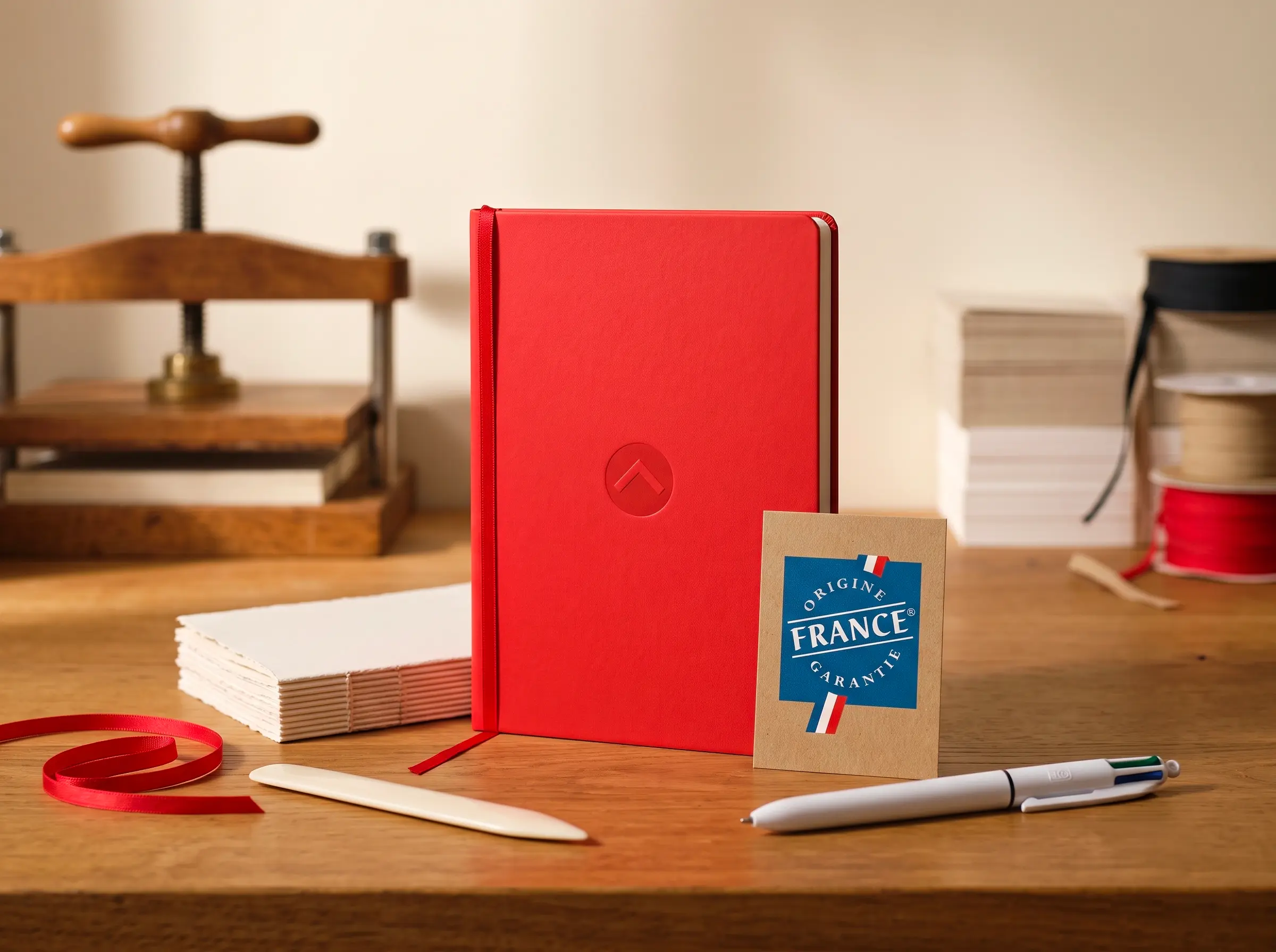 Carnet rouge et stylo personnalisés fabriqués en France, macaron Origine France Garantie, ruban et presse à relier en bois sur un bureau d'atelier — LOGOBJET