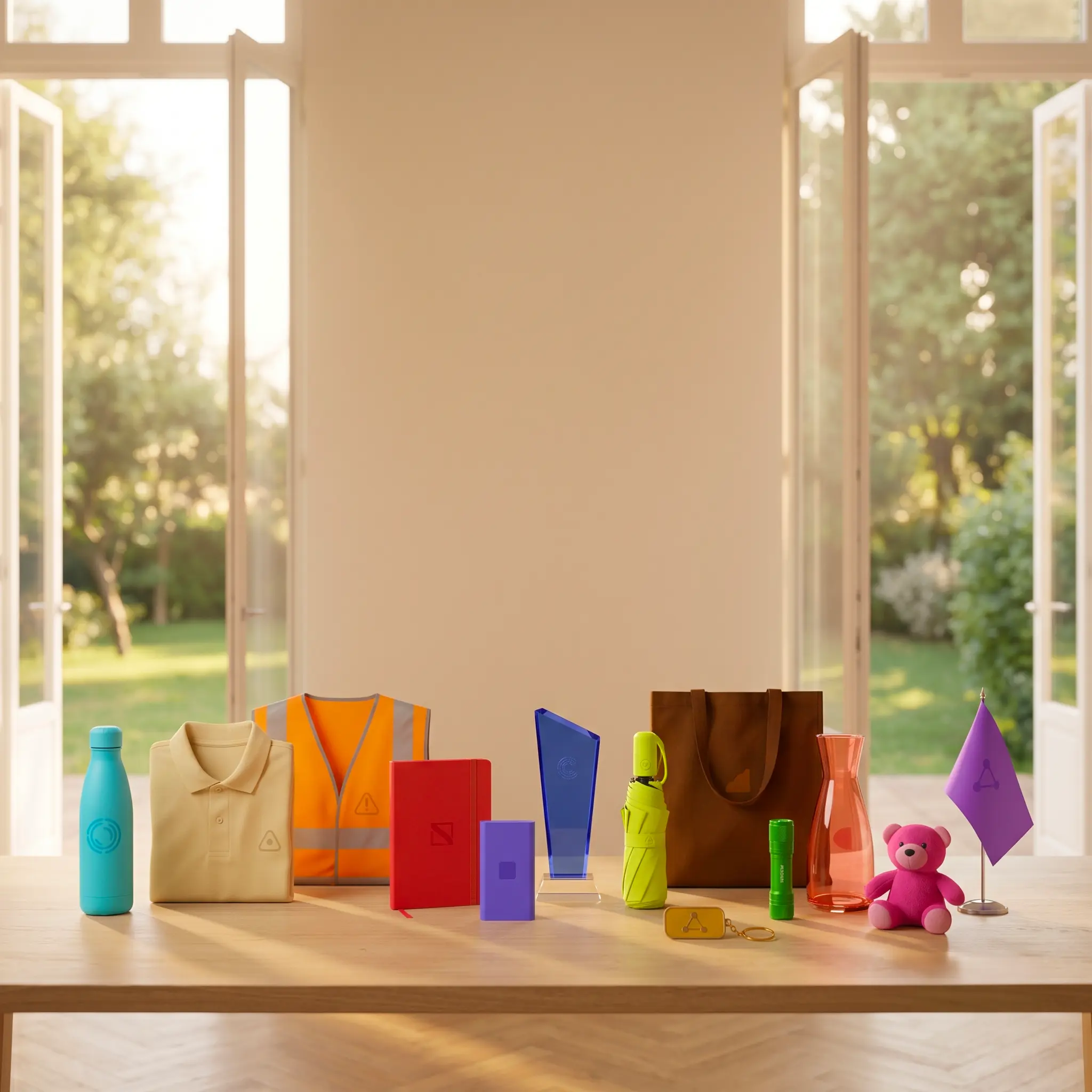Gamme d'objets publicitaires personnalisés alignés sur une table devant un jardin : gourde, polo, gilet haute visibilité, carnet, trophée, tote bag, peluche et fanion — LOGOBJET