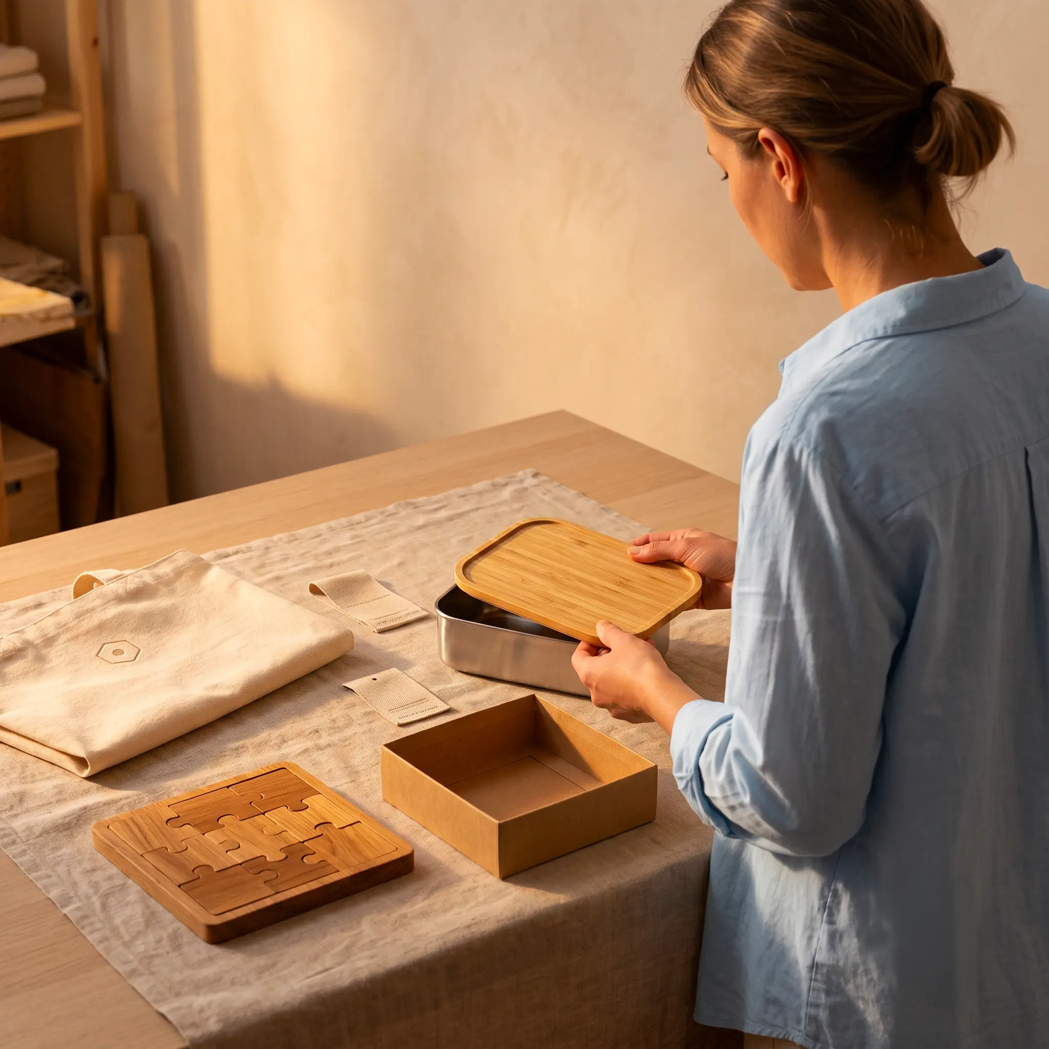 Femme préparant un coffret cadeau personnalisé : boîte métal à couvercle bambou, puzzle en bois et étui kraft sur une nappe en lin — LOGOBJET