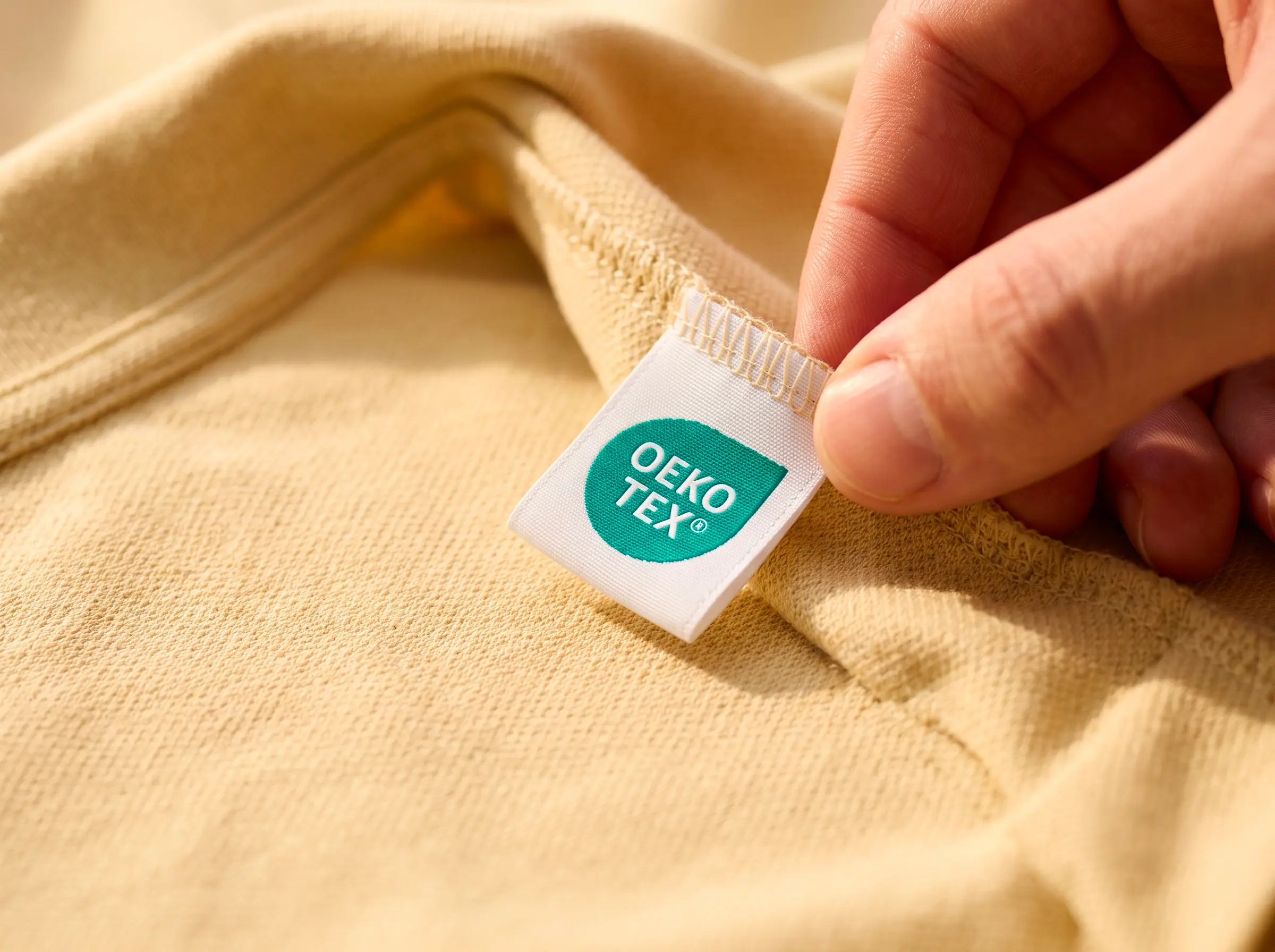 Main soulevant une étiquette de certification OEKO-TEX cousue sur un vêtement en maille jaune pâle — LOGOBJET