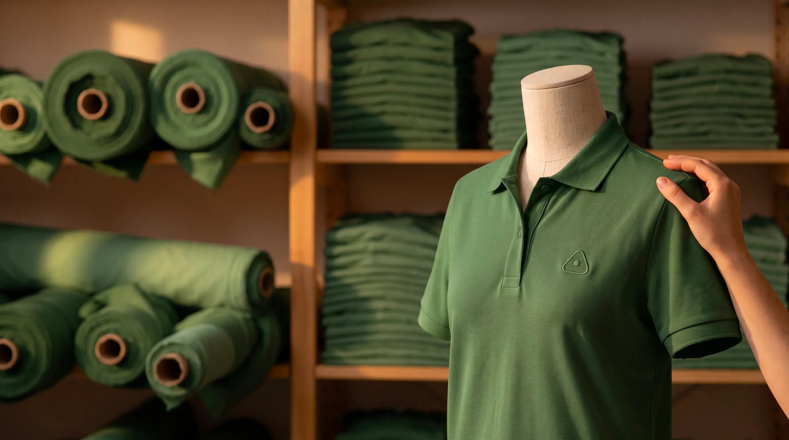 Polo vert personnalisé sur un mannequin devant des rouleaux de tissu vert et des piles de polos assortis, atelier de sourcing textile — LOGOBJET