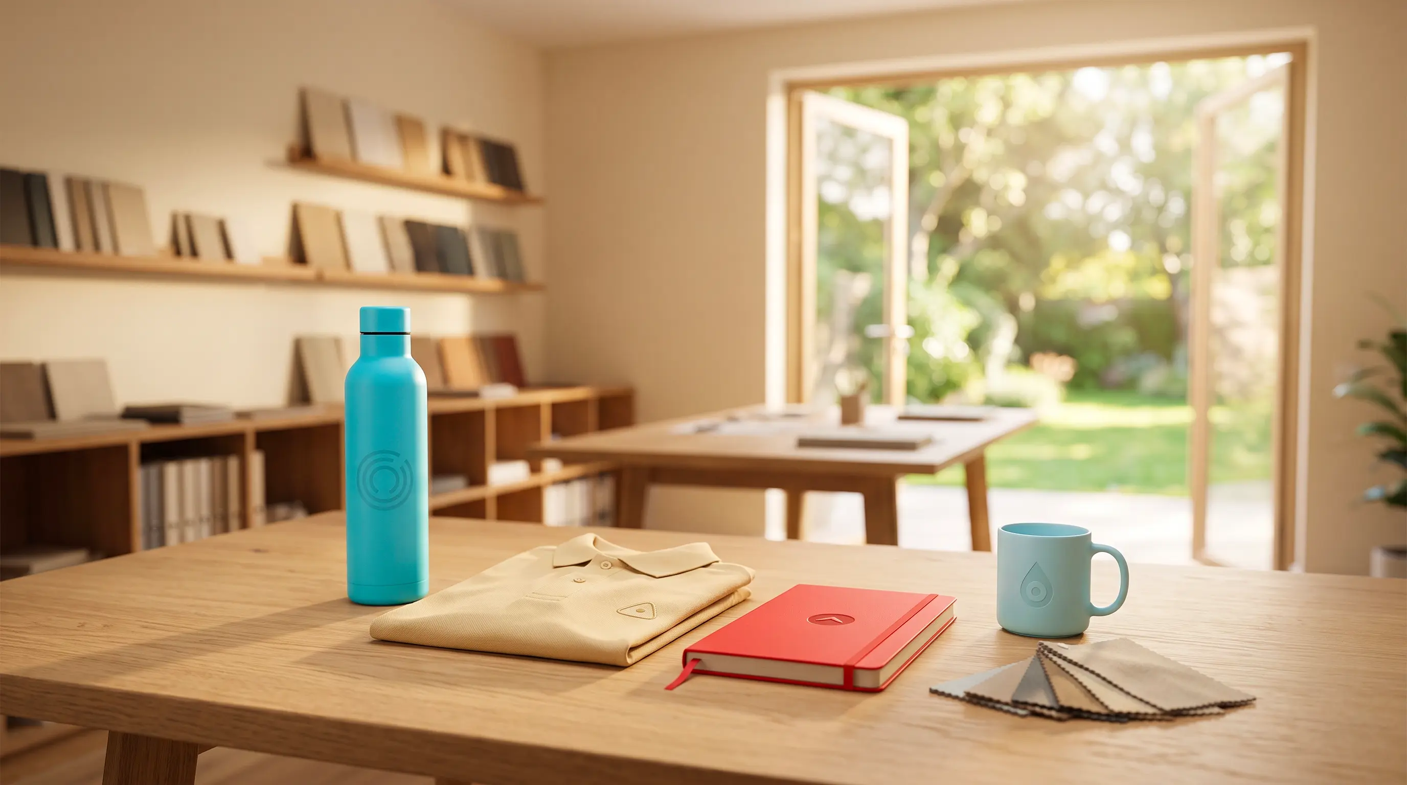 Sélection d'objets personnalisés sur une table en bois ouverte sur un jardin : gourde turquoise, polo plié, carnet rouge, mug bleu et nuancier textile — LOGOBJET