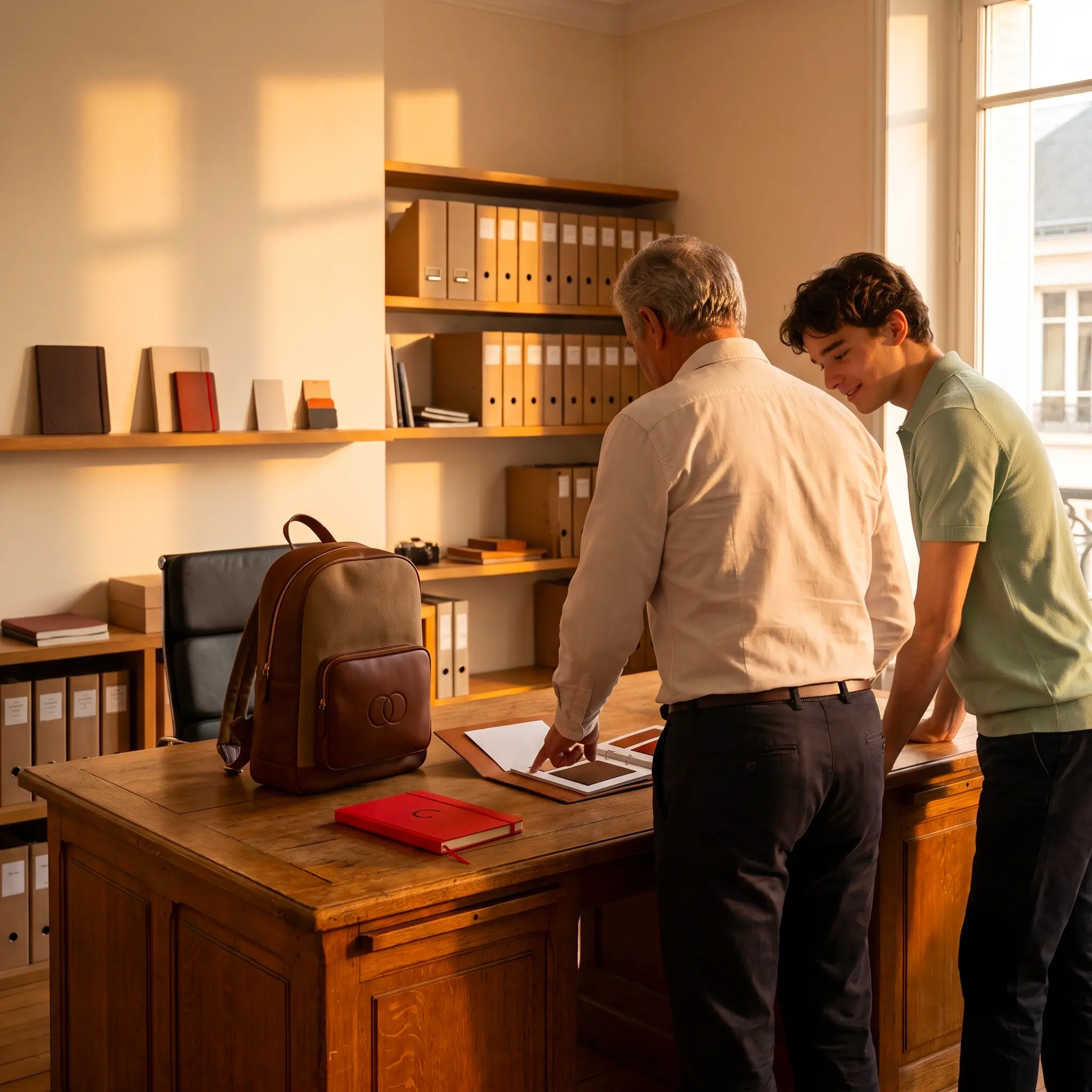 Rendez-vous conseil dans un bureau lumineux : deux personnes examinent un projet d'objets personnalisés, avec sac à dos en cuir, carnet rouge et tablette sur une table en bois — LOGOBJET