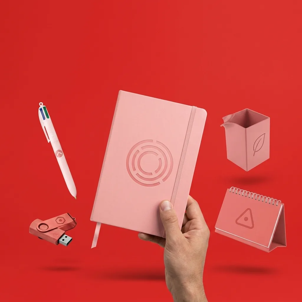 Objets publicitaires personnalisés Office & Writing : carnet, stylo 4 couleurs, clé USB et pot à crayons marqués — LOGOBJET