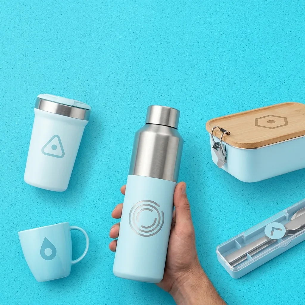 Objets publicitaires Drinking & Eating : bouteille isotherme, mug, lunchbox et set de couverts personnalisés — LOGOBJET
