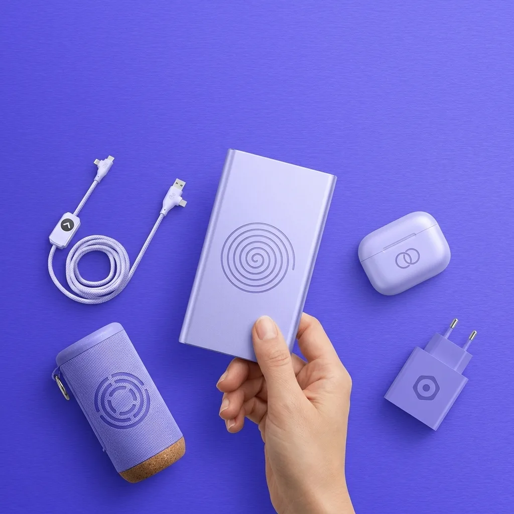 Objets publicitaires high-tech personnalisés : powerbank à induction, enceinte Bluetooth, câble de charge et adaptateur GAN — LOGOBJET