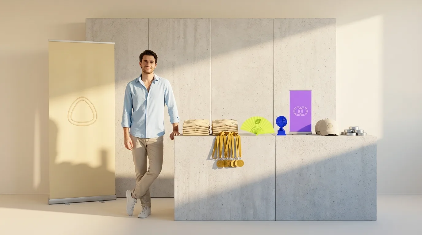 Stand événementiel personnalisé en situation : PLV grand format et goodies sur un salon — LOGOBJET