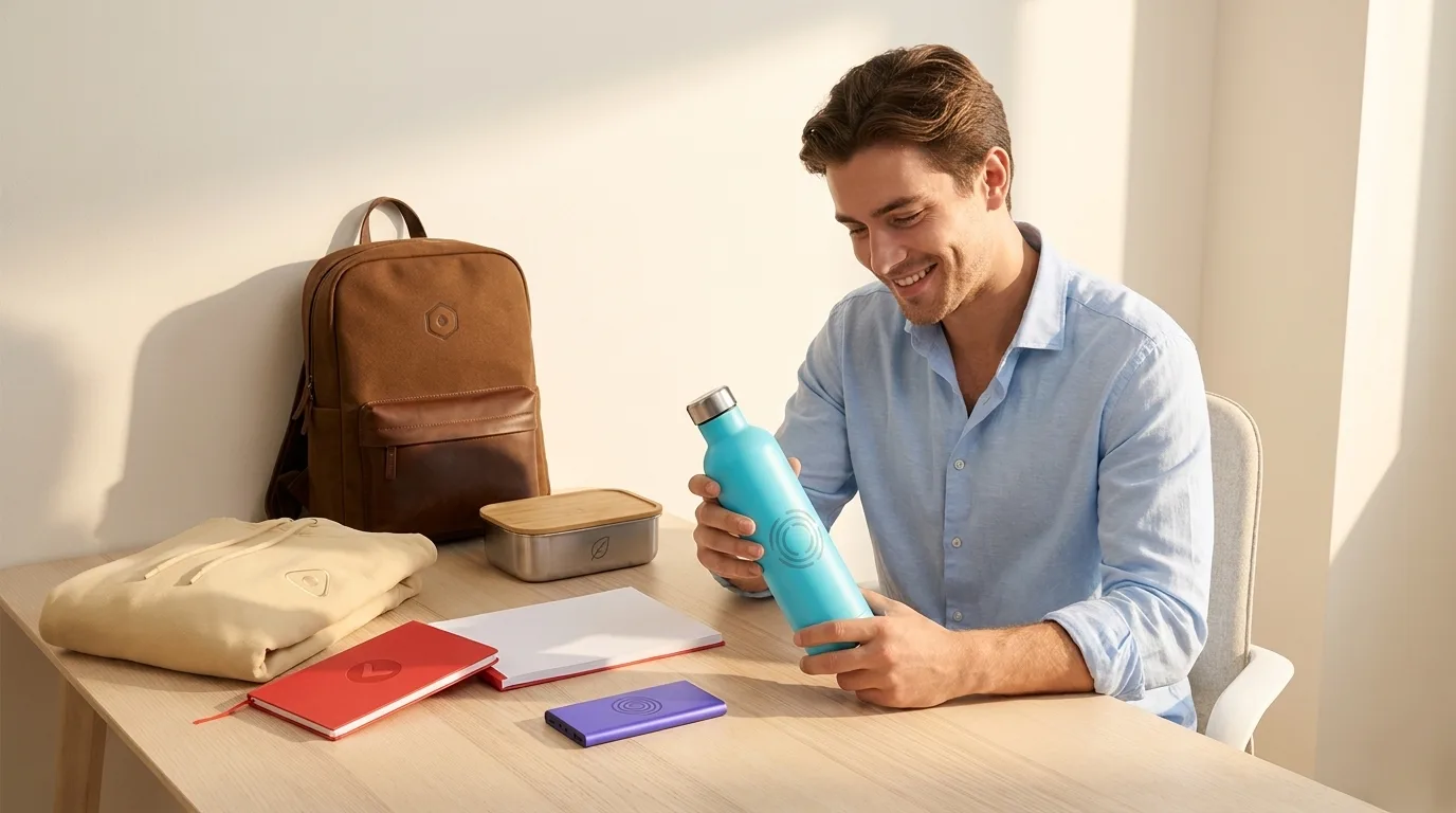Welcome pack en situation : un nouveau collaborateur découvre ses objets personnalisés sur son bureau — LOGOBJET