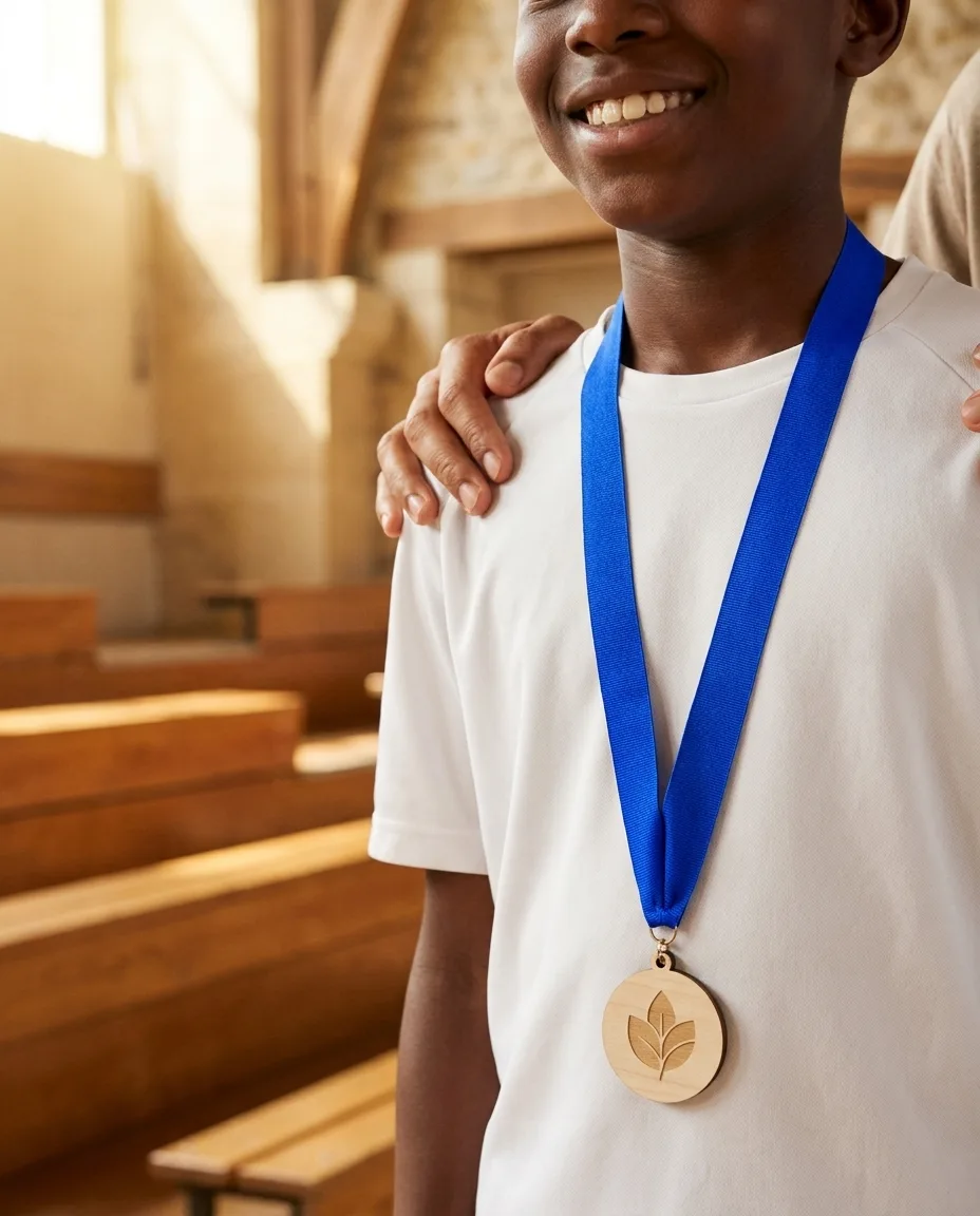 Médaille bois personnalisée en situation lifestyle — Sport & Trophées, objet publicitaire LOGOBJET