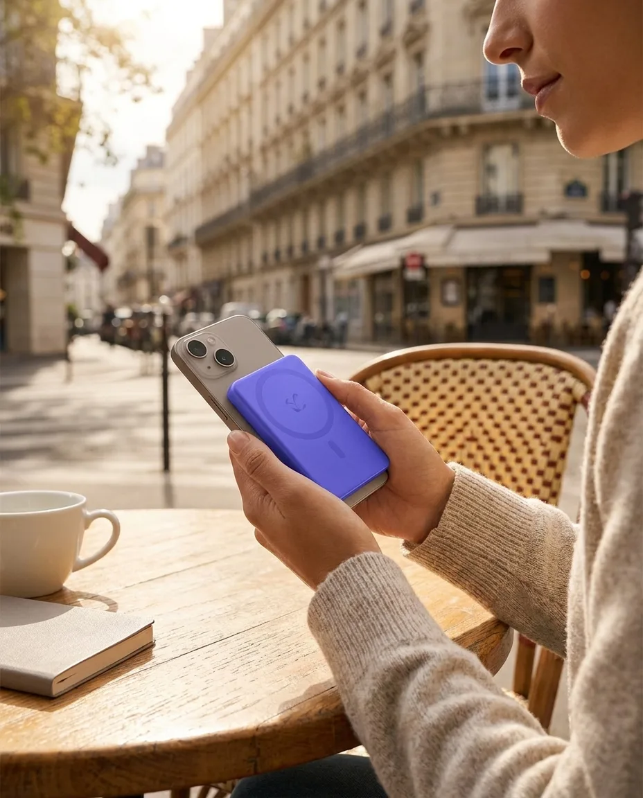 Powerbank à induction personnalisée en situation lifestyle — Nouvelles Technologie & Connectique, objet publicitaire LOGOBJET