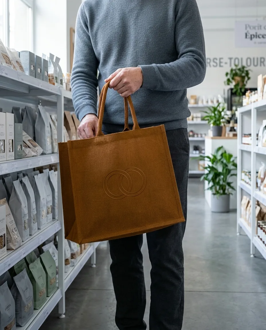 Sac shopping jute personnalisé en situation lifestyle — Sac & Bagagerie, objet publicitaire LOGOBJET
