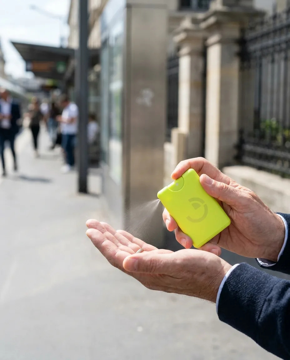 Spray hydroalcoolique personnalisé en situation lifestyle — Outdoor & Travel, objet publicitaire LOGOBJET