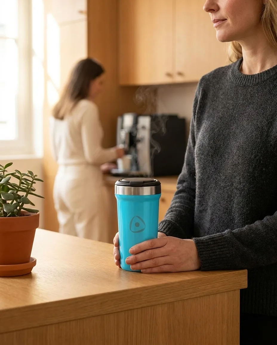 Mug isotherme personnalisé en situation lifestyle — Drinking & Eating, objet publicitaire LOGOBJET