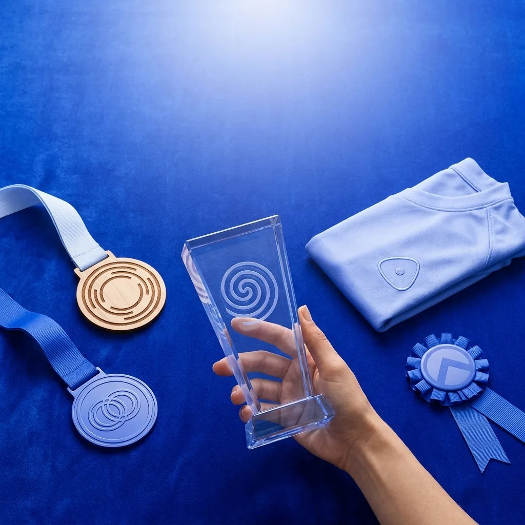 Sport & Trophées personnalisés : trophée en verre gravé 3D, médailles bois et métal, maillot floqué — LOGOBJET