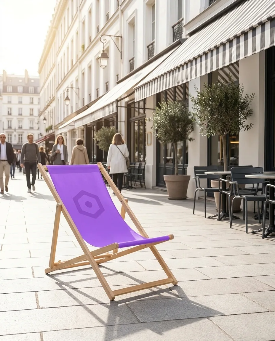 Chilienne personnalisée présentée seule sur une terrasse de café — PLV, objet publicitaire LOGOBJET