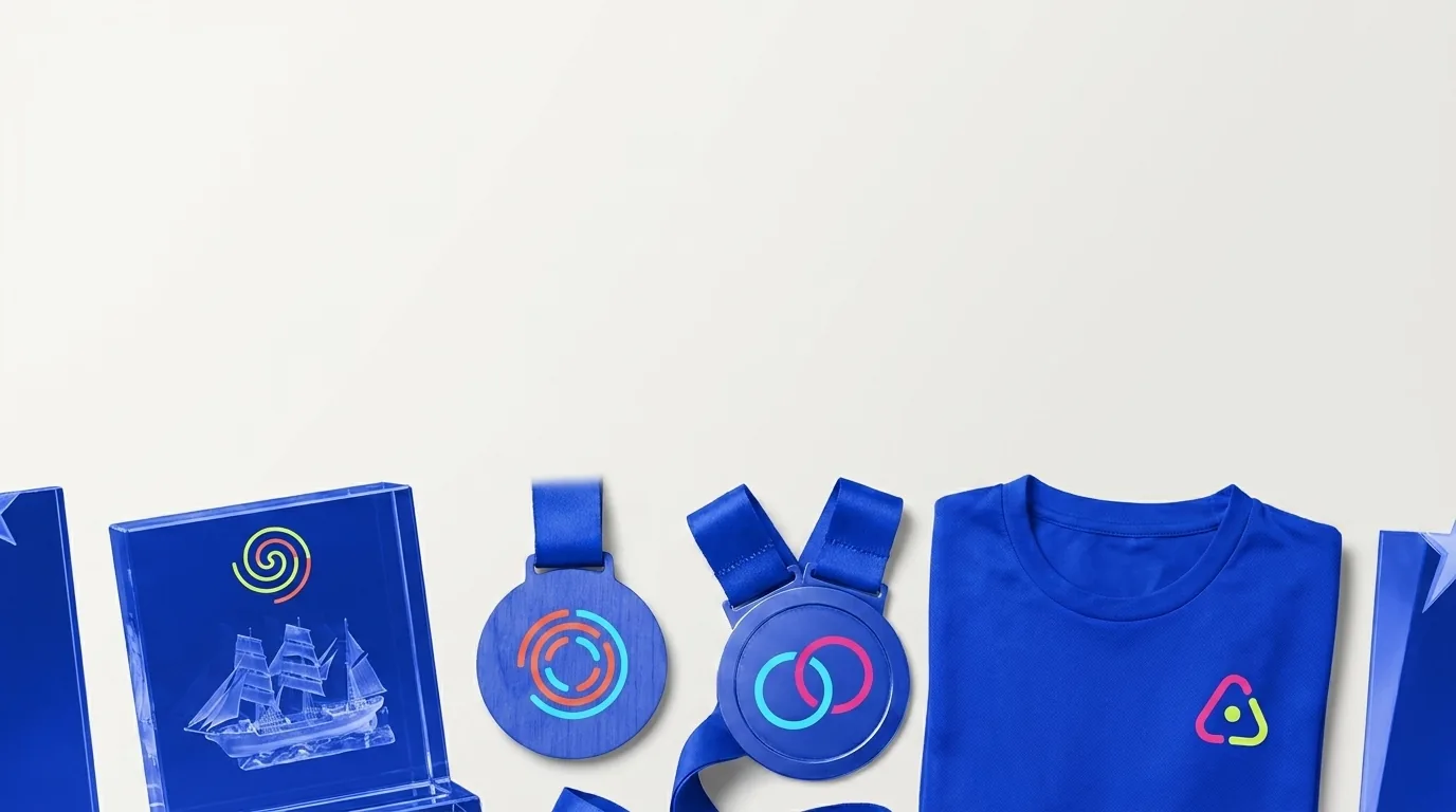 CTA Sport & Trophées — gamme de produits personnalisés, logos pop multicolores — LOGOBJET