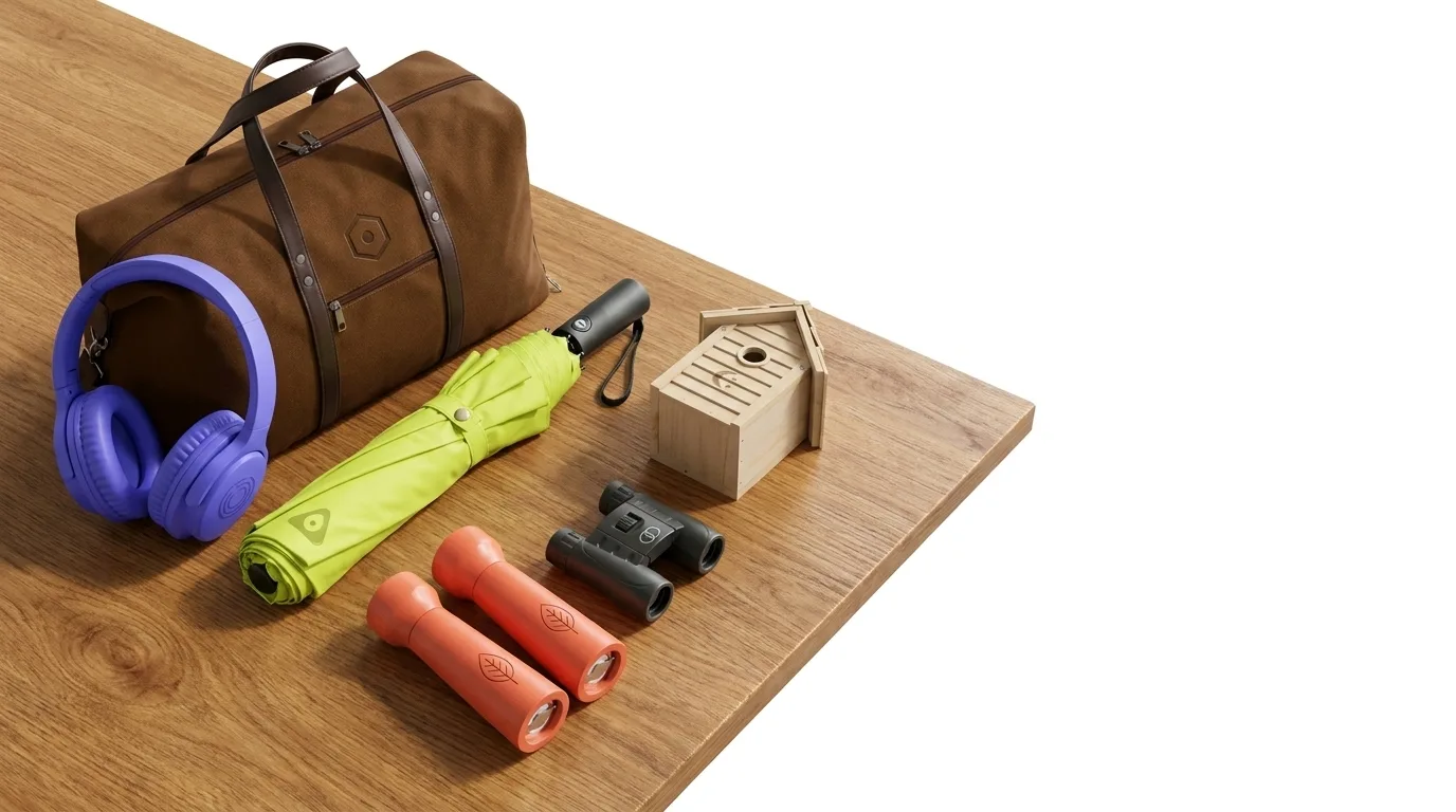 Cadeaux clients personnalisés pour remercier : sac week-end, casque audio, parapluie, jumelles, nichoir et moulins à épices marqués sur une table en bois — LOGOBJET