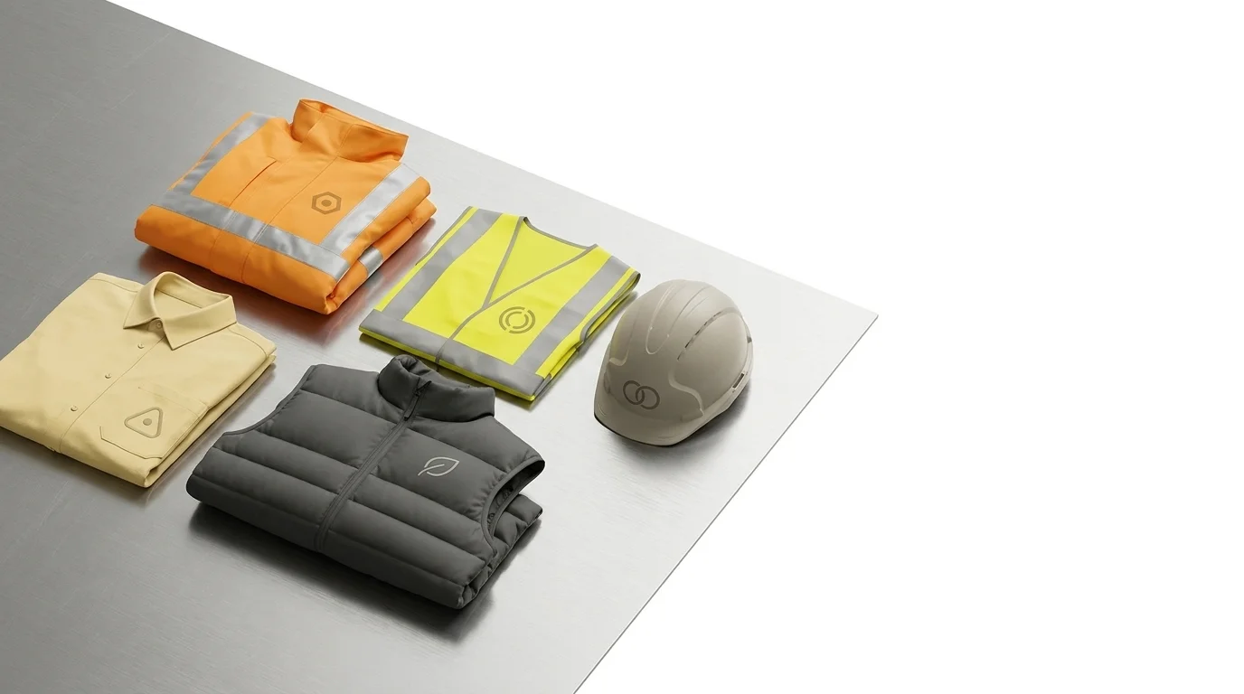 Vêtements professionnels et EPI personnalisés pour habiller vos équipes : chemise, parka et gilet haute visibilité, doudoune sans manches et casque de sécurité sur un plan de travail en inox brossé — LOGOBJET