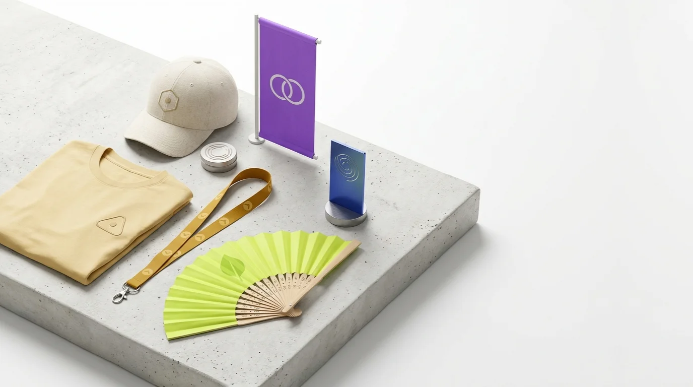 Kit événementiel personnalisé pour animer vos événements : t-shirt, casquette, tour de cou, éventail, oriflamme et totem de stand marqués, posés sur un socle en béton — LOGOBJET