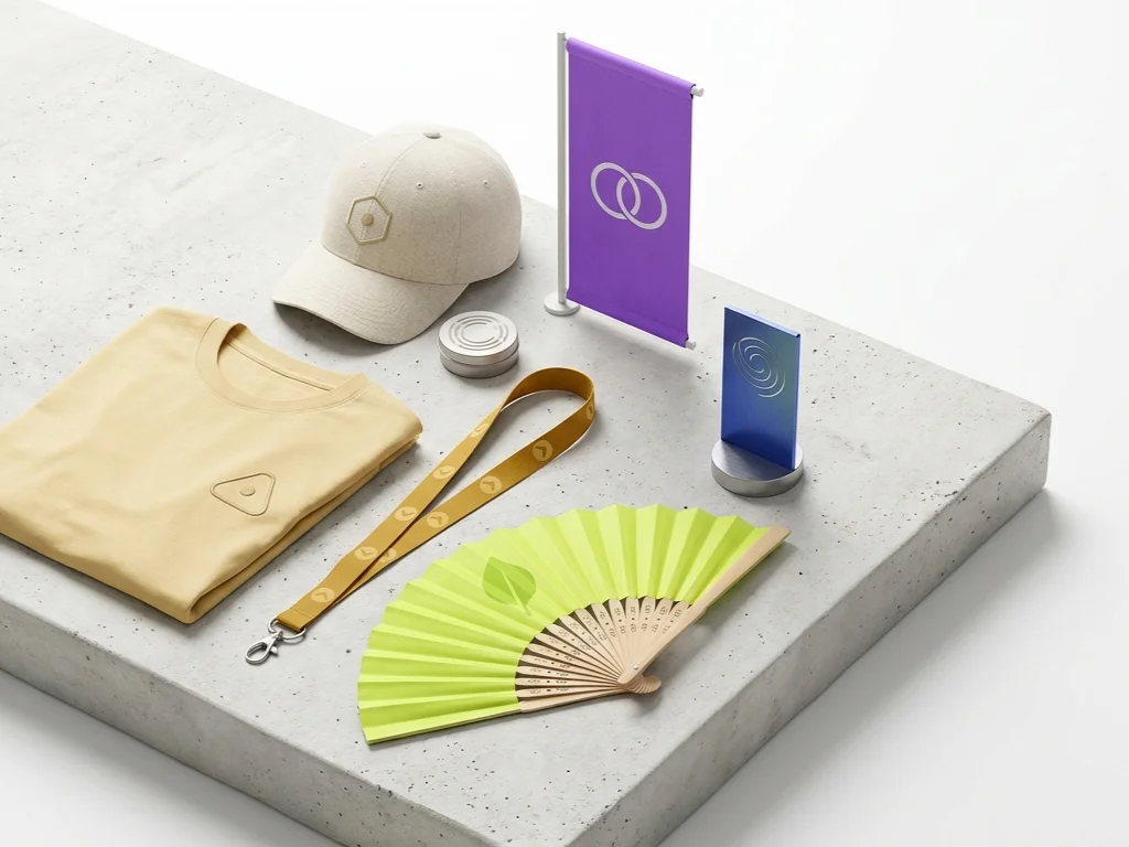 Kit événementiel personnalisé pour animer vos événements : t-shirt, casquette, tour de cou, éventail, oriflamme et totem de stand — LOGOBJET