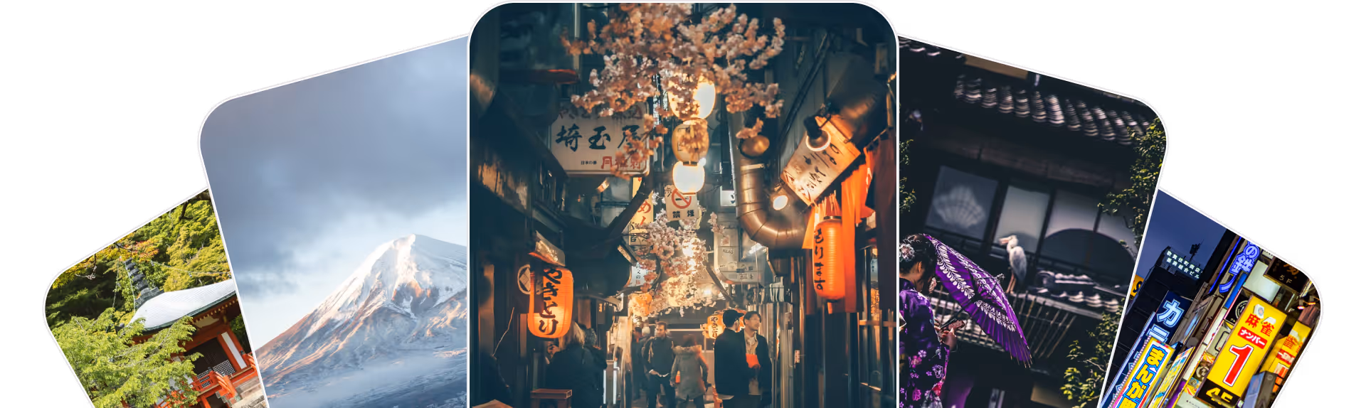 Japanese travel experiences including temples, Mt. Fuji, a lantern-lit alley, a woman in kimono, and a neon-lit city street