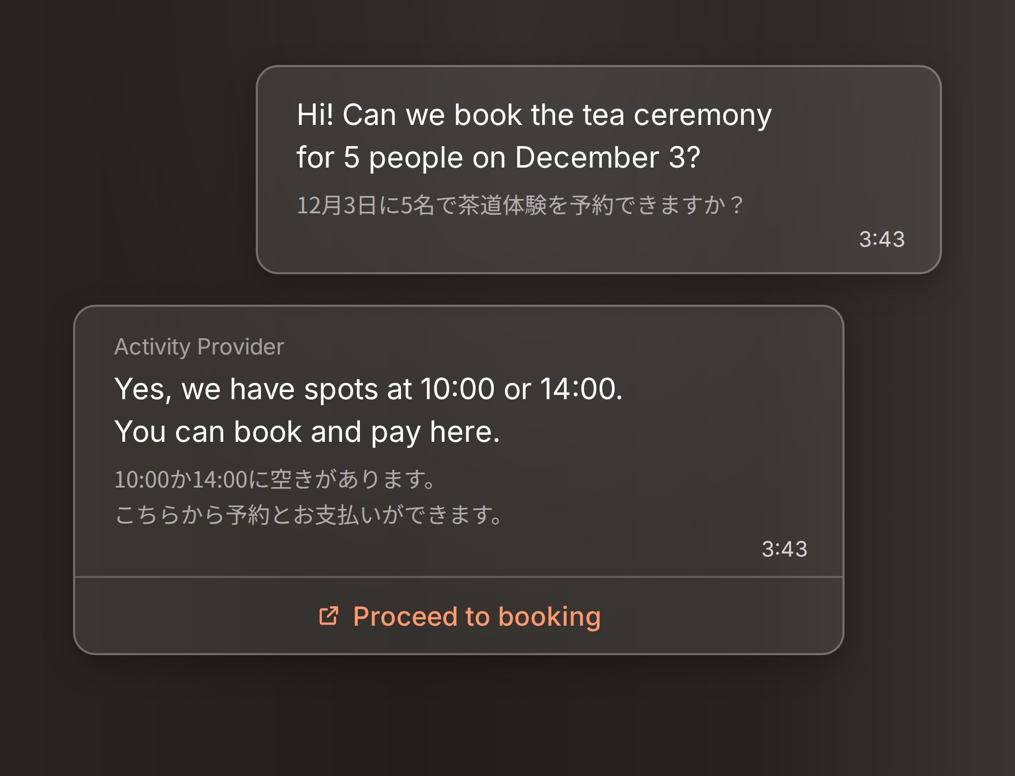 英語の問い合わせにAIが返信し、予約へ案内している会話