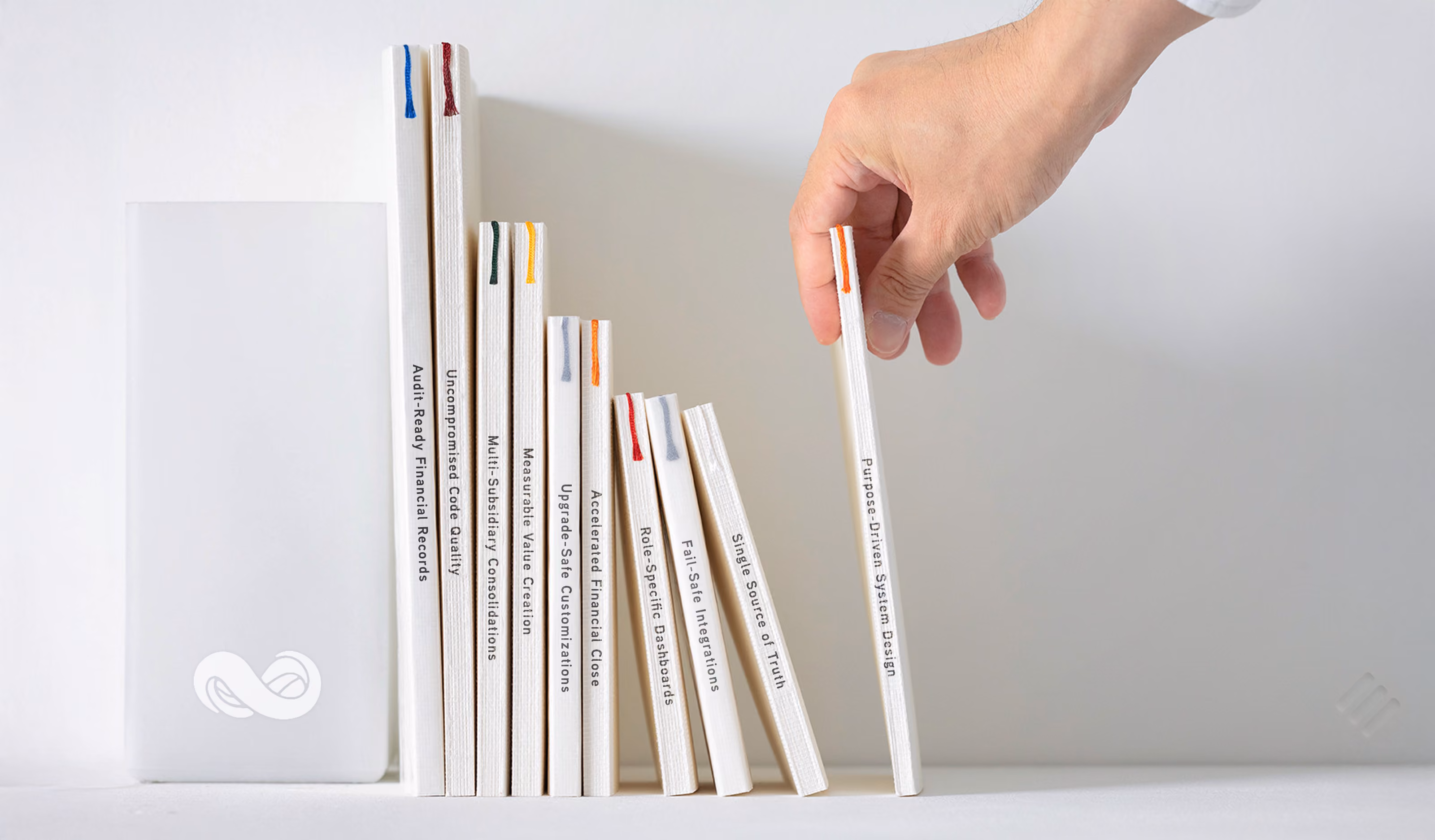 Hand picking up a white book titled Netsuite OneWorld from a row of Netsuite software books on a white shelf.