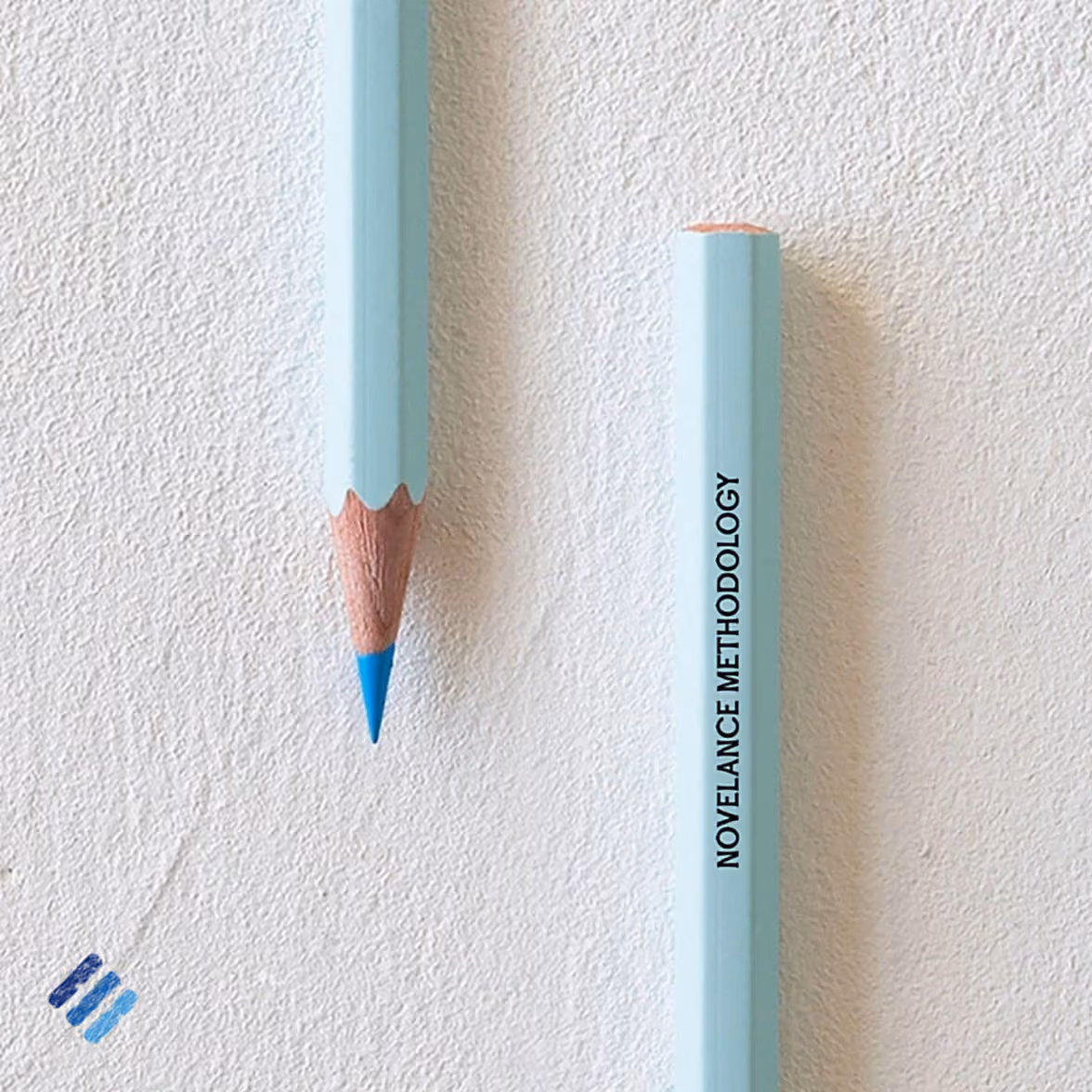 Novelance methodology illustration with sharpened and unsharpened blue pencils.