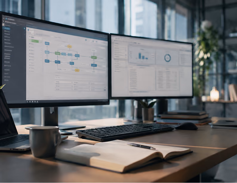 Modern office desk setup with two large monitors displaying charts and flow diagrams.