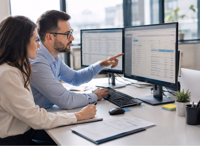 Man and woman sitting at a desk in an office, looking at two computer monitors displaying data tables.