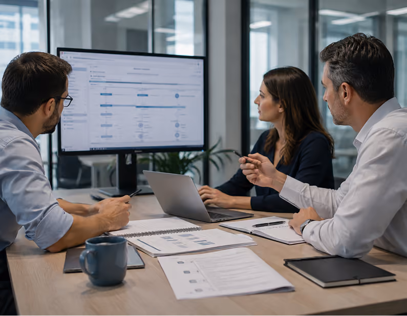 Three business professionals in a modern office discussing data displayed on a large monitor, with documents, a laptop, and notebooks on the table.