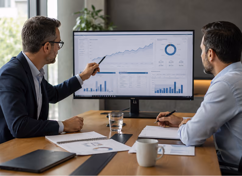 Two men in business attire sit at a conference table looking at a large screen displaying graphs and charts.