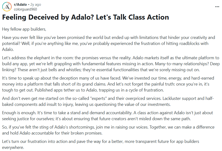 adalo unresponsive product direction frustration