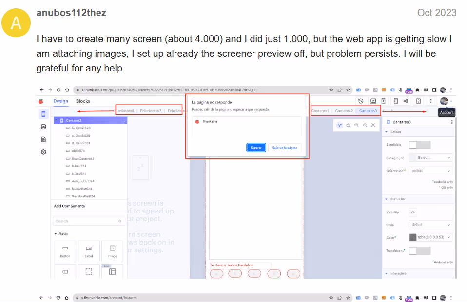 thunkable slow design interface many screens