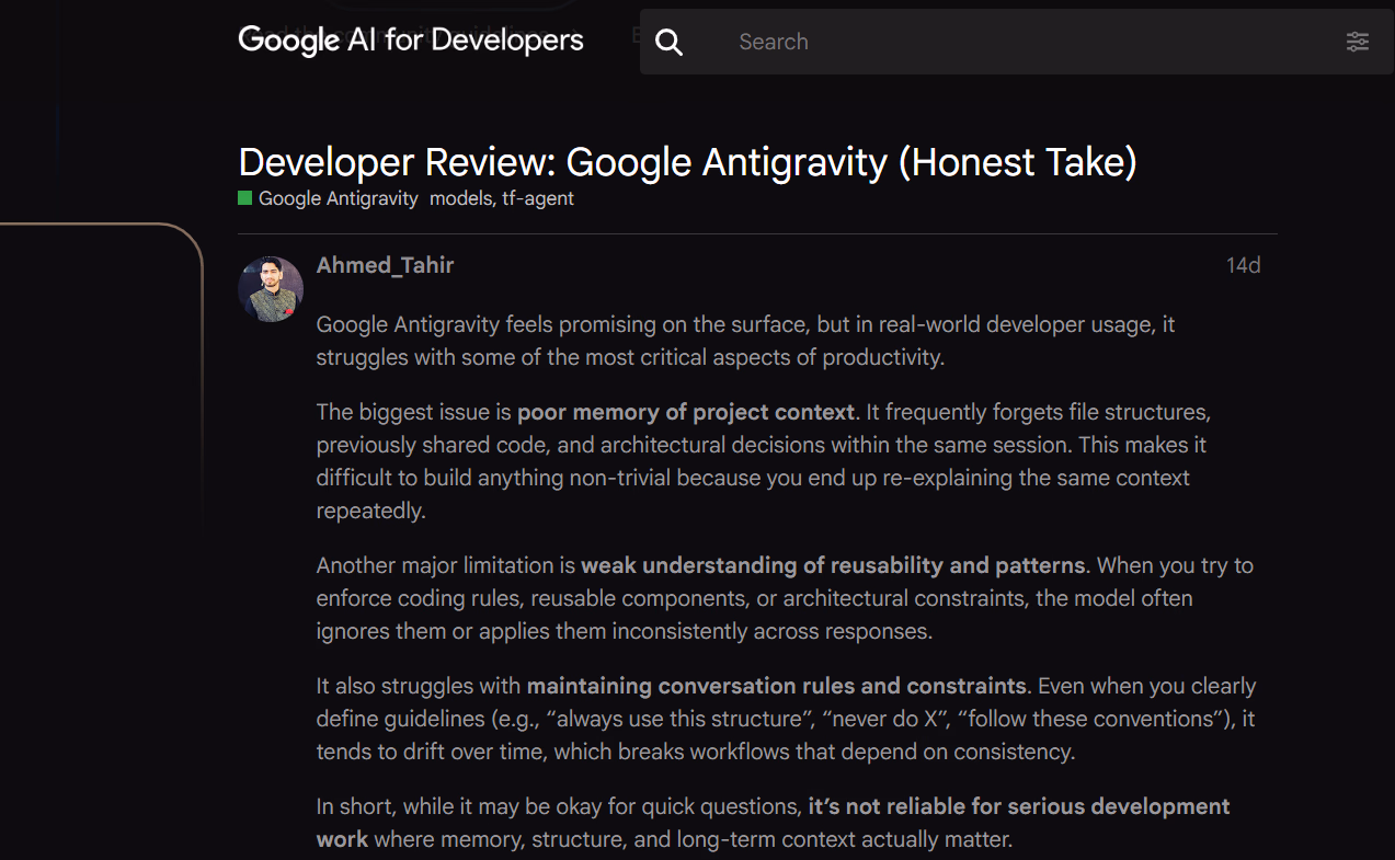 review on google antigravity in google ai developers forum
