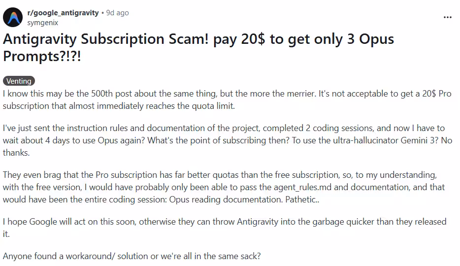reddit post on google antigravity subscription scam