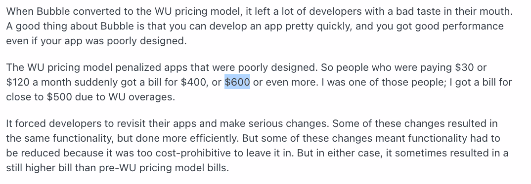 reddit post on bubble about unpredictable cost