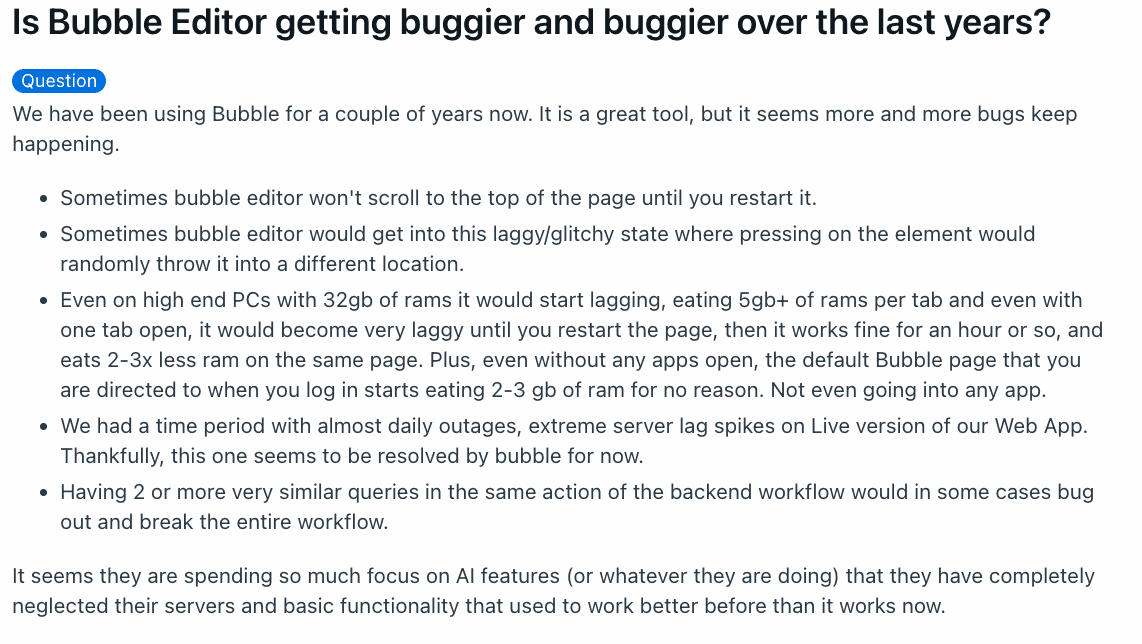 reddit post on bubble about bugs and support frustration
