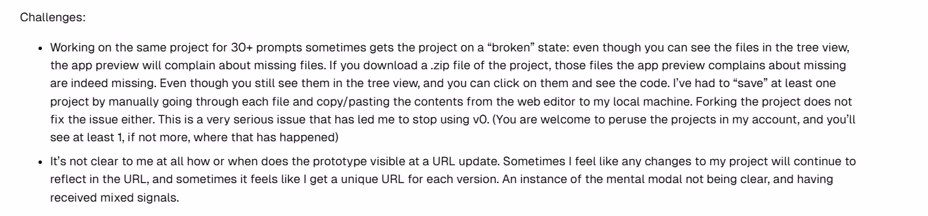 post on vercel community about v0 instability and broken project states