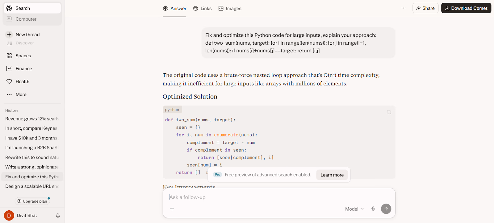 perplexity output fixing and optimizing inefficient code