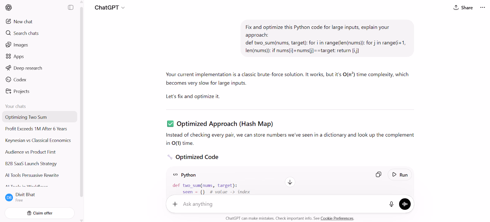 ChatGPT Output for Fixing and optimizing inefficient code
