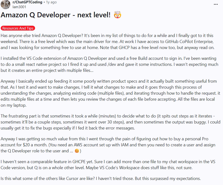 amazon q developer is actually next level for real workflows a reddit discussion post