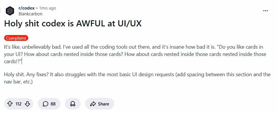 openai codex struggles with ui ux and front end intuition a reddit discussion post