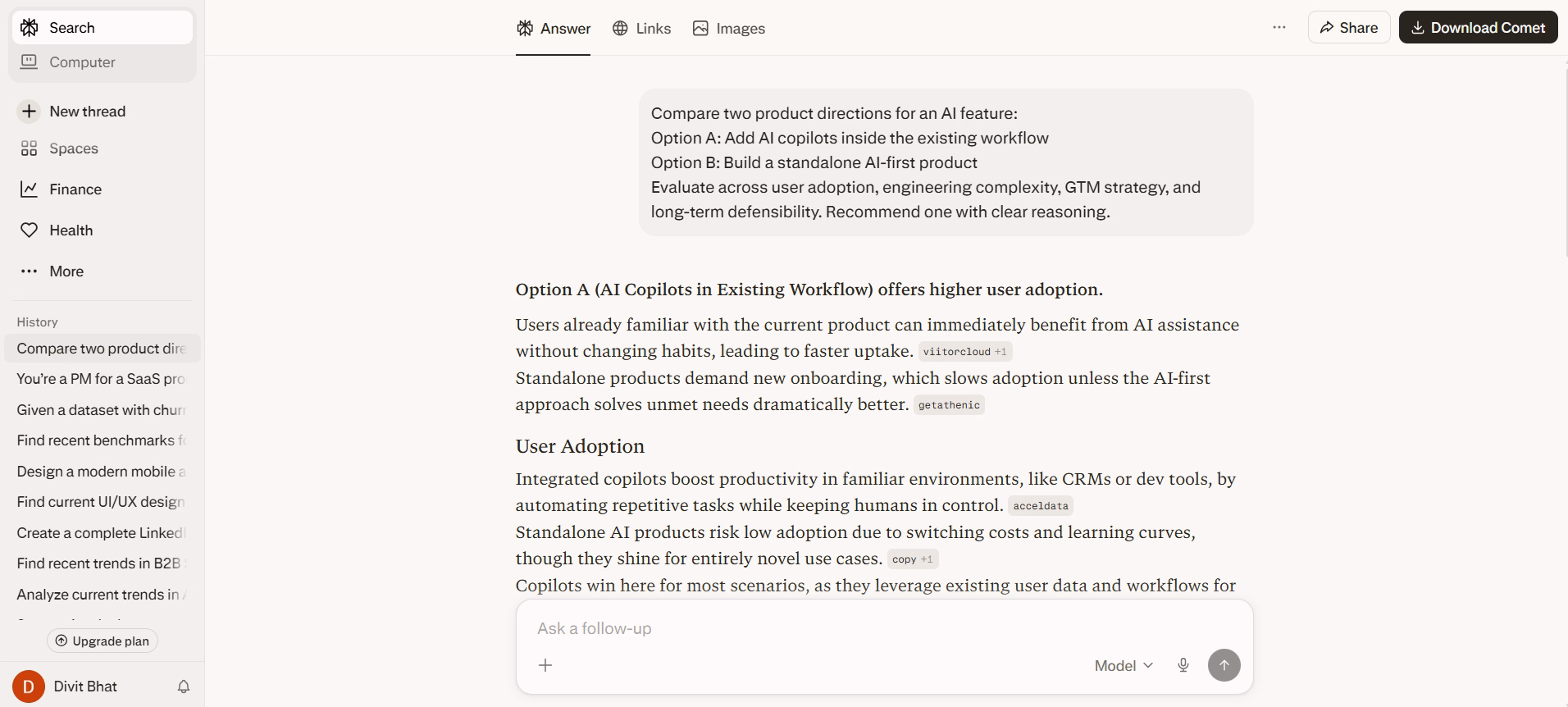 perplexity output comparing two ai product feature directions