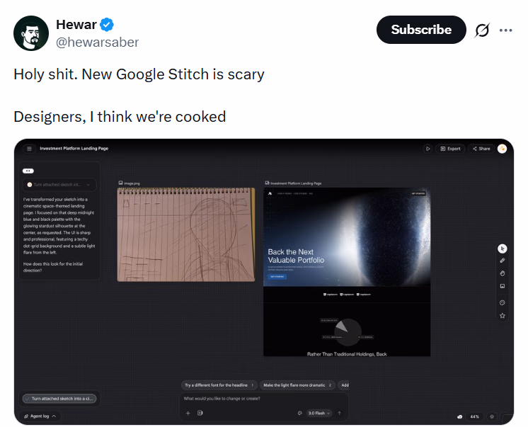 x post about google stitch scary for designers